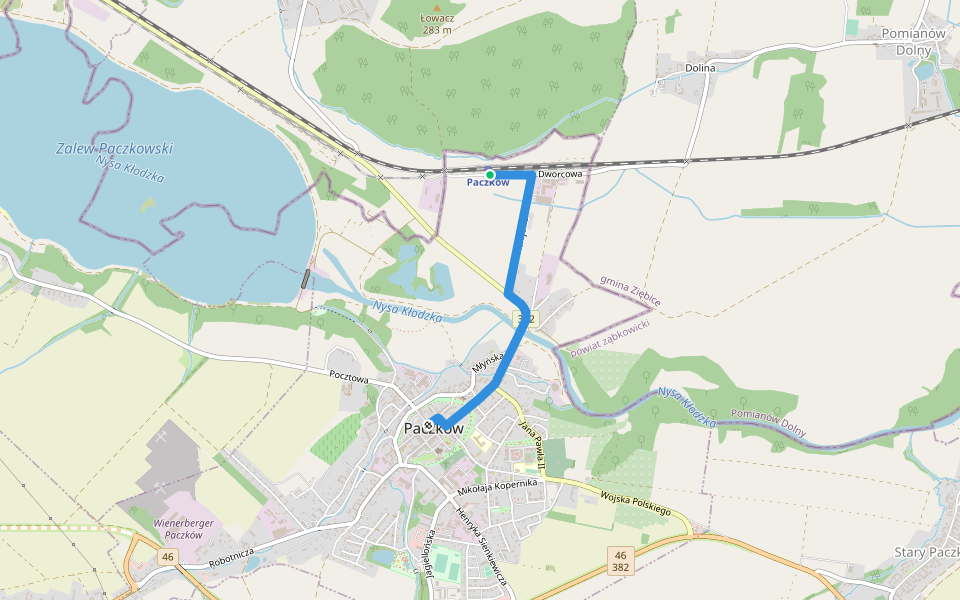 Paczków - Paczków PKP walking route map in Paczków