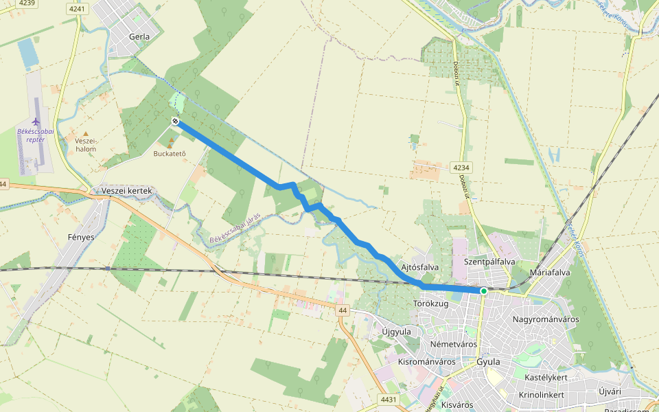 Z (Póstelek – Hajlás-erdő – Ajtósfalva – Gyula) walking route map in Gyula