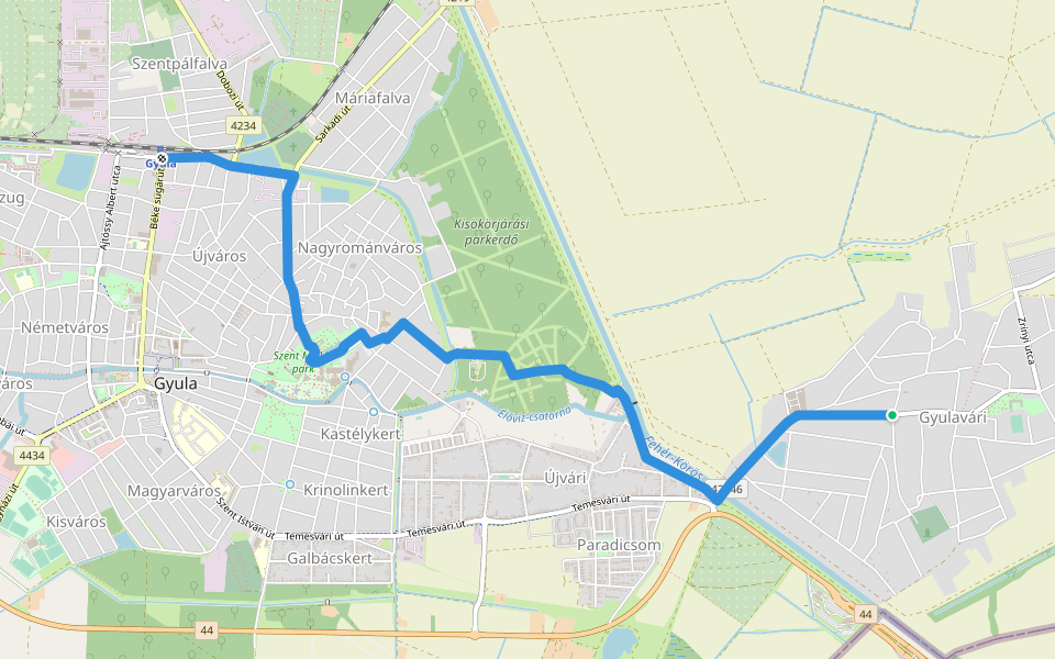 P (Gyula vá. - Vár - Duzzasztó - Gyulavári) walking route map in Gyula