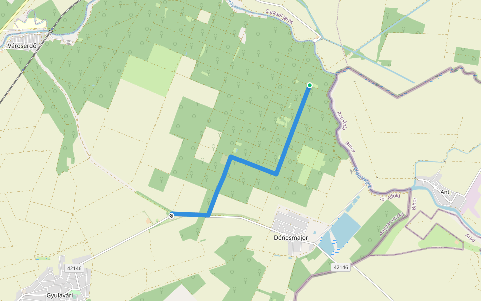 P (Solymos – Török-erdő – Keszi-erdő – Mályvádi őstölgyes) walking route map in Gyula