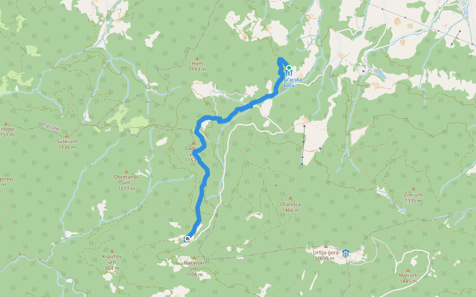 Smučarska koča - Koča na Ledinah walking route map in Uršlja Gora