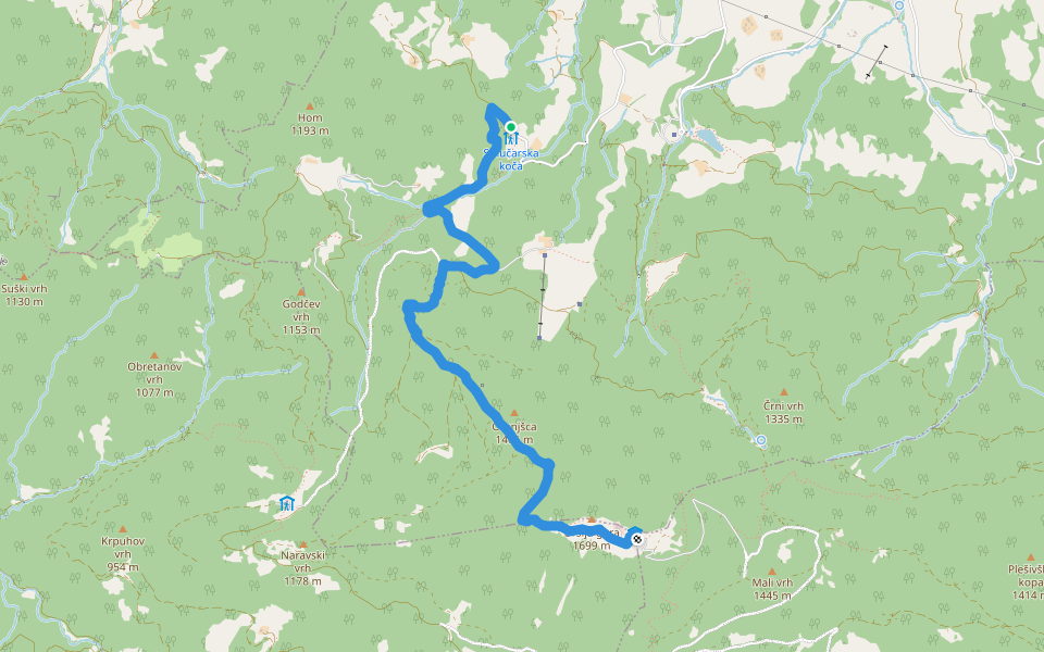 Smučarska koča - Uršlja (čez Kozji hrbet) walking route map in Uršlja Gora