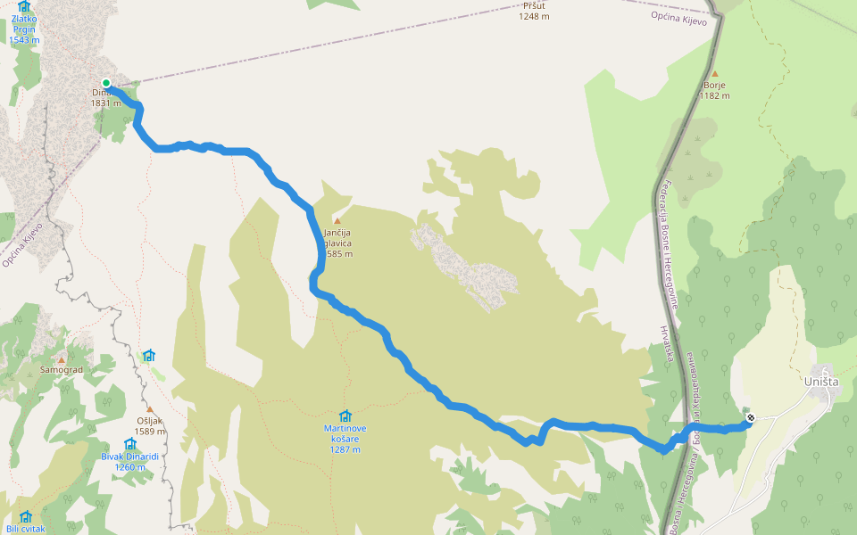 Uništa-Dinara walking route map in Cetina