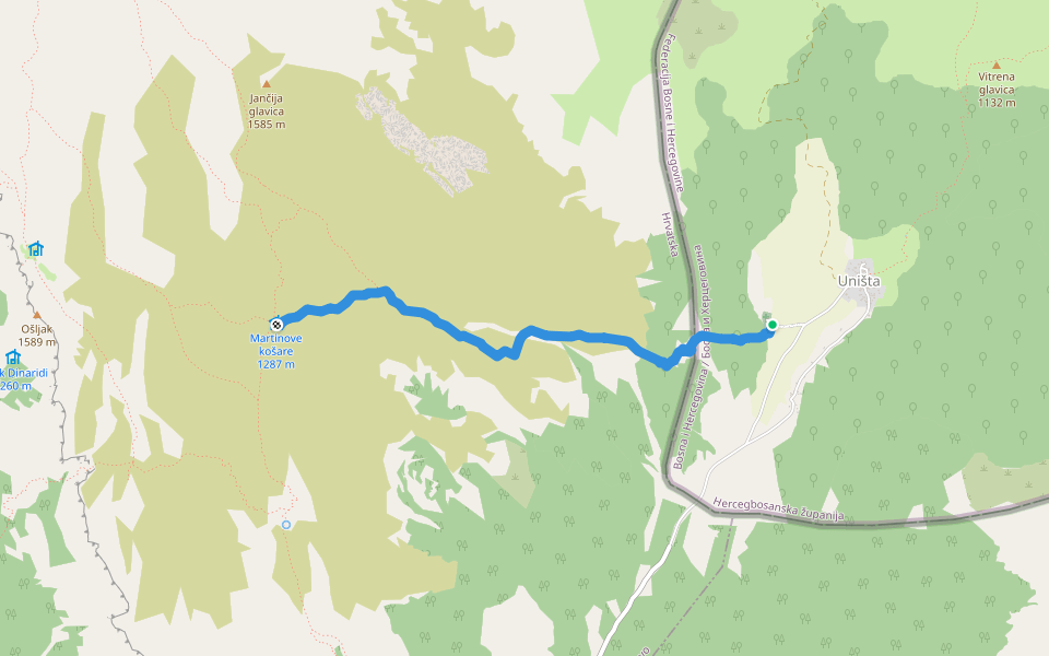 Uništa-Martinove košare walking route map in Uništa