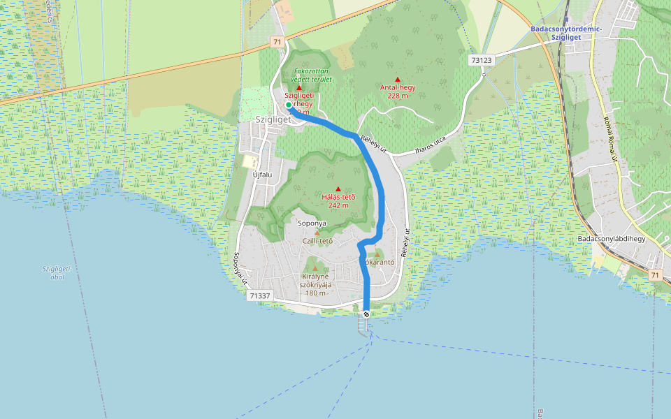 S (Szigliget, váralja csomópont – Szigliget, há.) walking route map in Szigliget