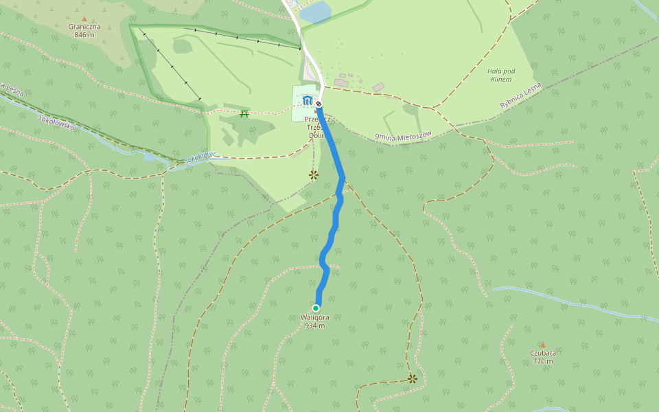 Waligóra - Schronisko Andrzejówka walking route map in Rybnica Leśna