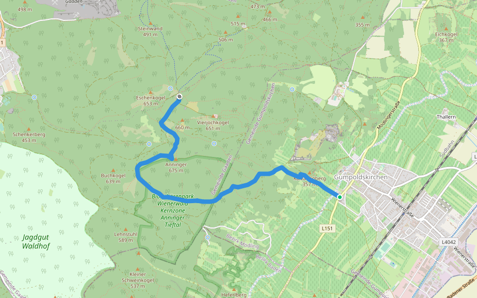 Gumpoldskirchen - Kegelstattweg - Wetterkreuz - Wilhelmswarte - Anningerhaus walking route map in Gumpoldskirchen