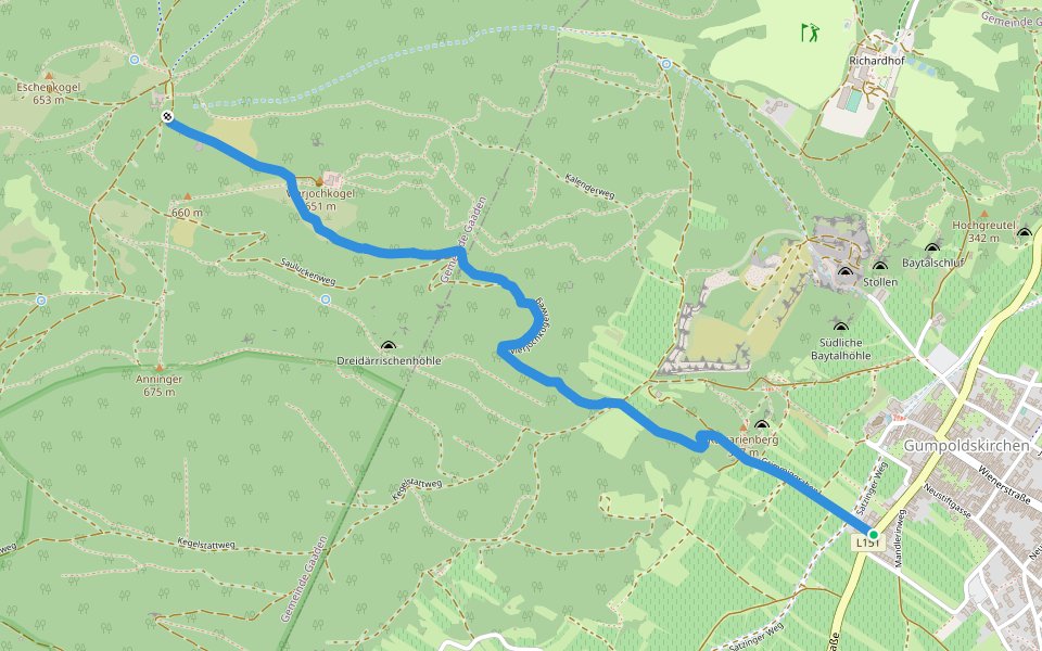 Gumpoldskirchen - Vierjochkogelweg - Anningerhaus walking route map in Gumpoldskirchen