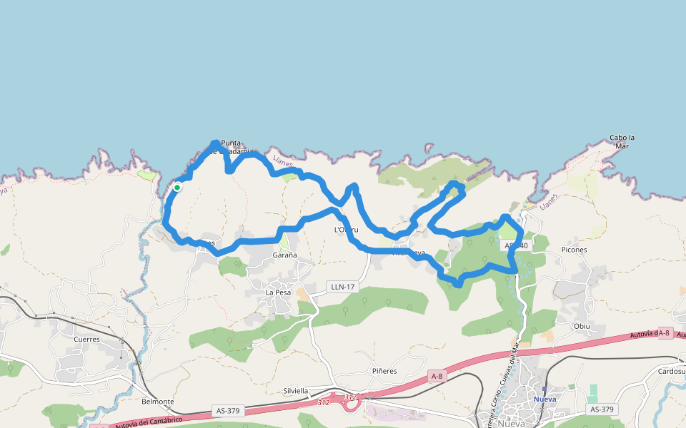 Ruta de los Bufones de Pría walking route map in Cuerres