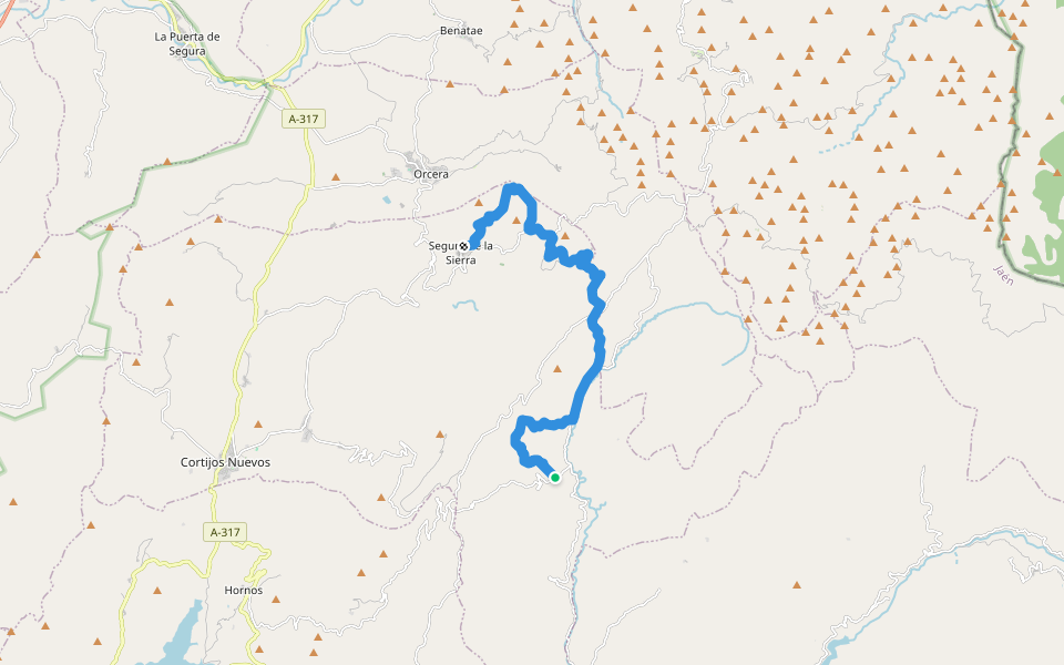 GR 247 Variante 1 (2/2) walking route map in Segura de la Sierra