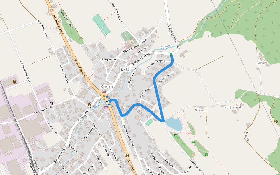 Schlierbacherstrasse-Weierfeld-Luzernerstrasse walking route map in Büron