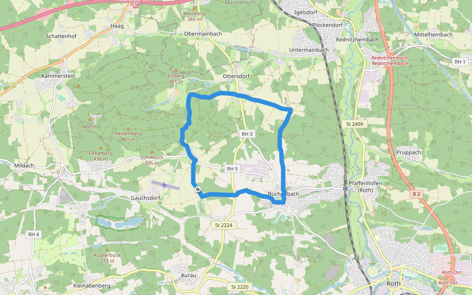 Rundwanderweg 1 Büchenbach walking route map in Büchenbach
