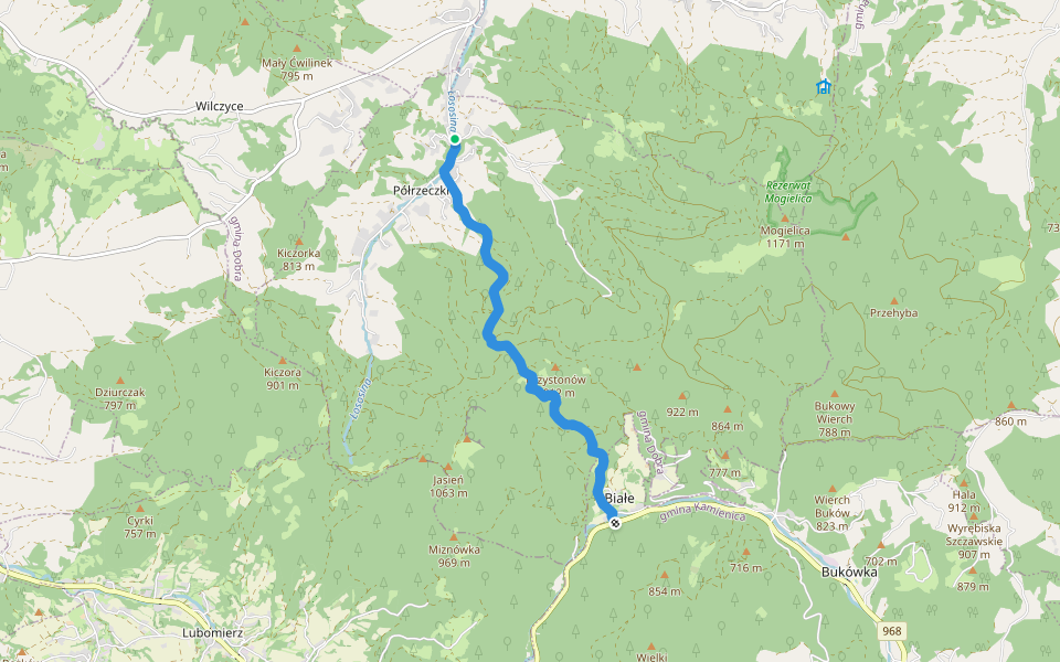 Półrzeczki - Szczawa walking route map in Półrzeczki