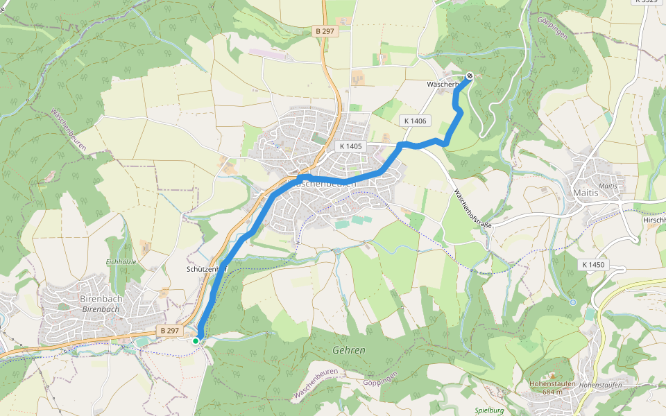 blauer Strich: Wäscherschloss-Wäschenbeuren-Krettenhof- walking route map in Wäschenbeuren