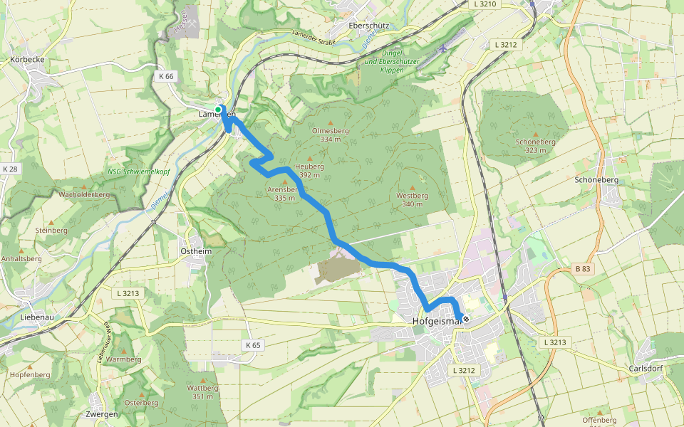 Lamerden - Hofgeismar walking route map in Liebenau