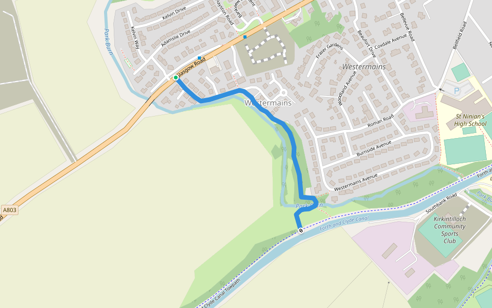 Adamslie to Canal Path walking route map in Kirkintilloch