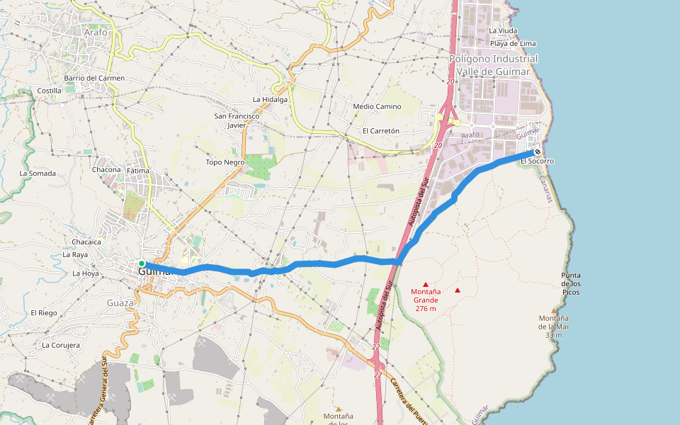 Camino del Socorro walking route map in Güímar