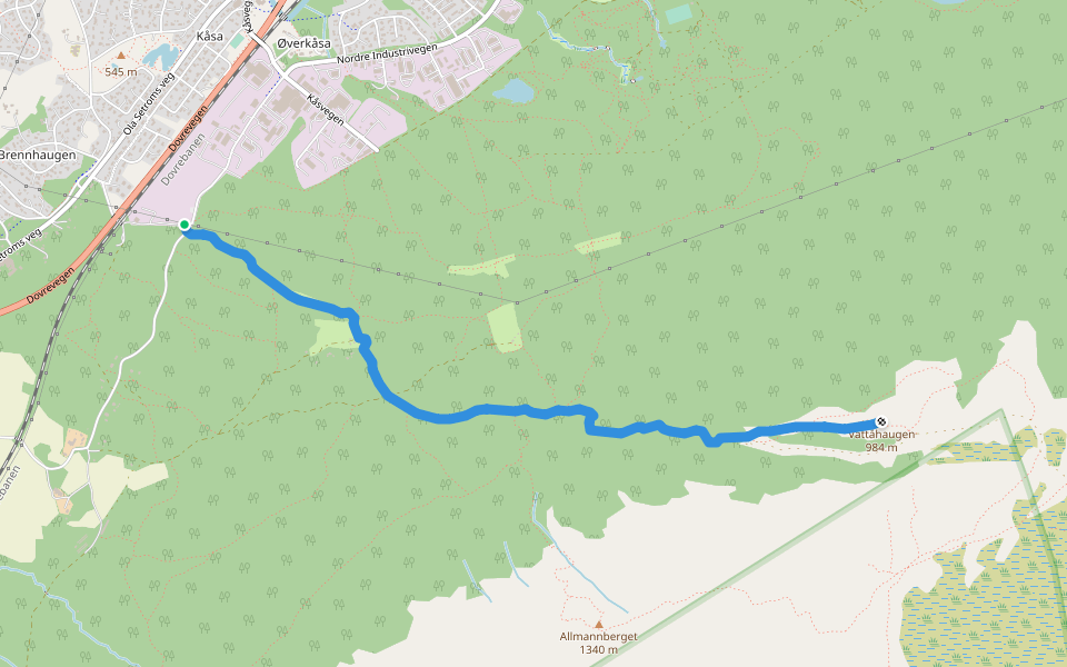 Våtåhaugen (984) fra Kåsen walking route map in Oppdal