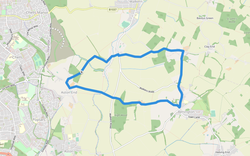 Circular Walk "Town to Country No 3" walking route map in Aston End