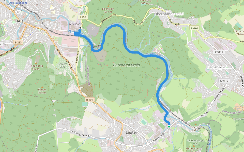Ww Lauter - Aue gelb markiert walking route map in Lauter-Bernsbach