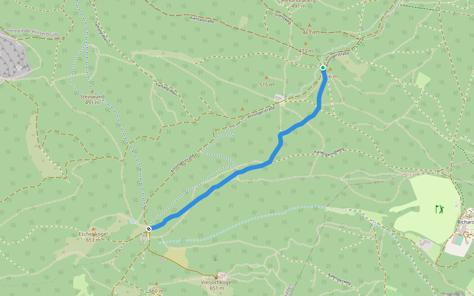 Anninger Schutzhaus - Kaisergerndl - Forststraße Kientalstraße (parellel zur Hauptwanderroute) walking route map in Gaaden bei Mödling