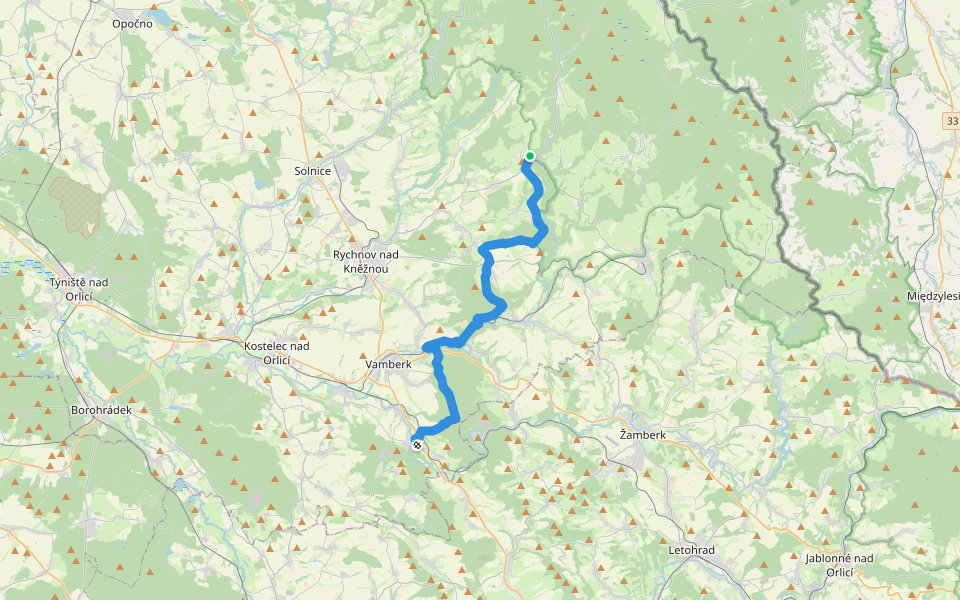 [Č] Potštejn - Na Vyhlídce - Javornice - Kovárna (turistická chata) walking route map in Zdobnice