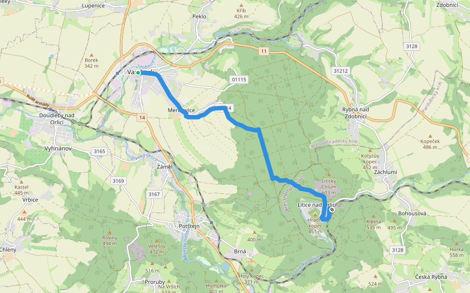 [Z] Vamberk (nám) - Litice nad Orlicí walking route map in Vamberk