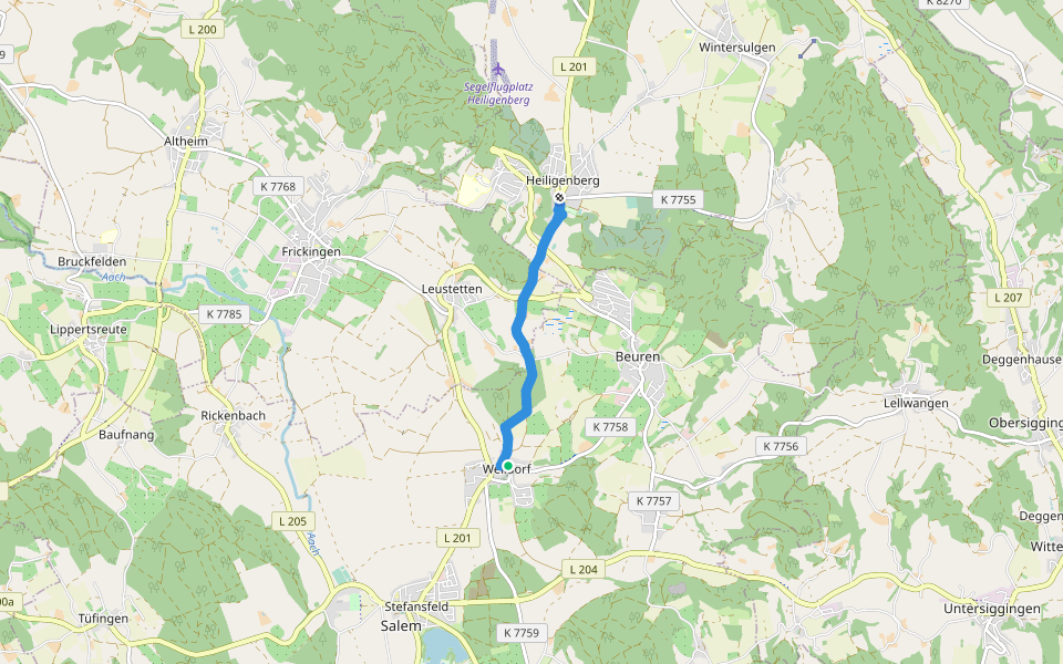 Nebenweg des Schwäbischen Albvereins (blauer Balken) walking route map in Salem