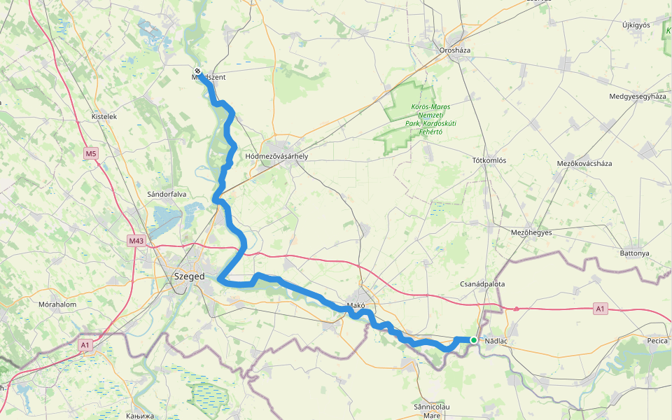 P (Mindszent, rév – Szeged, Tápai rév – Nagylak) walking route map in Nagylak