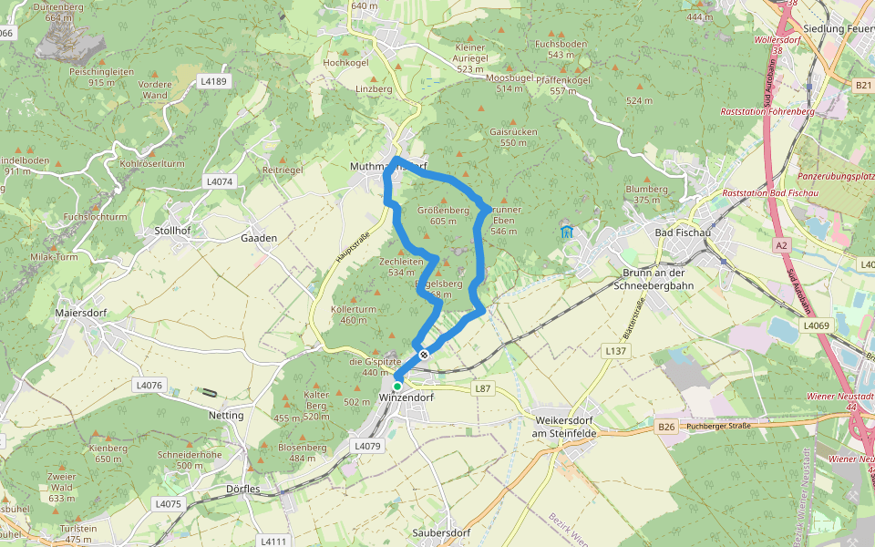 Durch die Weinberge nach Muthmannsdorf walking route map in Winzendorf