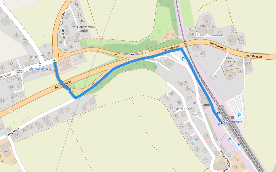 Rizenbach - Gümmenen/Station walking route map in Ferenbalm