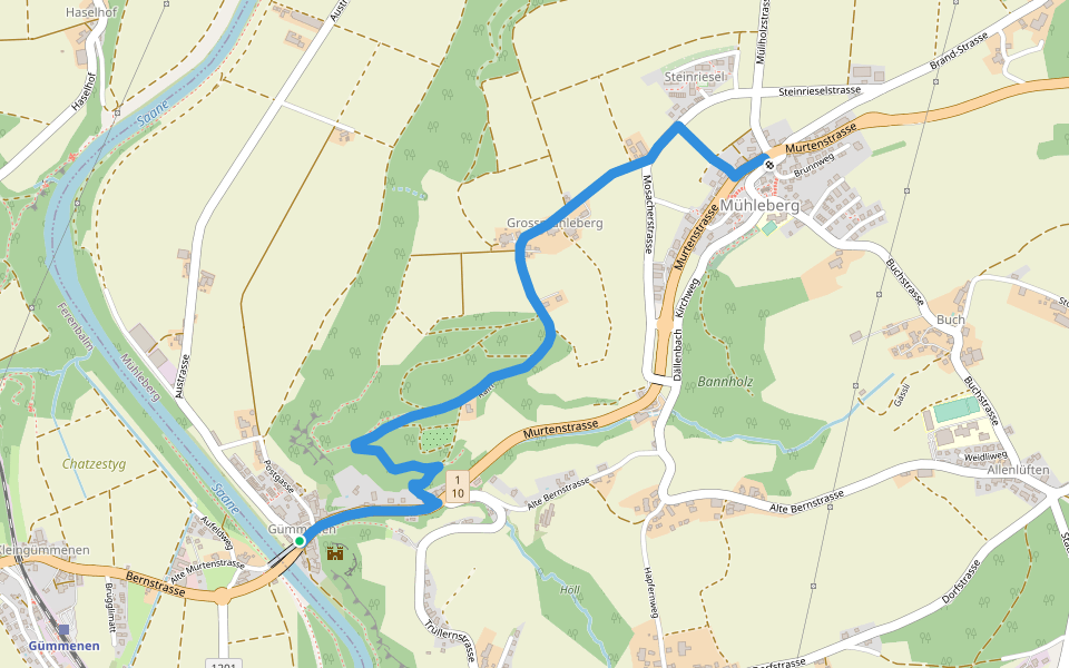 Gümmenen - Mühleberg walking route map in Mühleberg