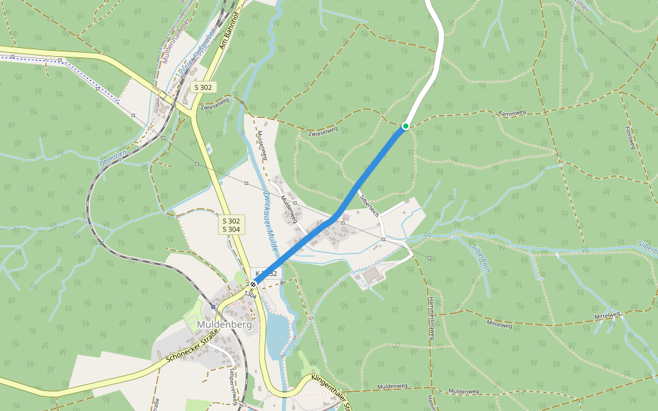 Wanderweg Mark. Rot/Weiß Anschluss Muldenberg walking route map in Grünbach