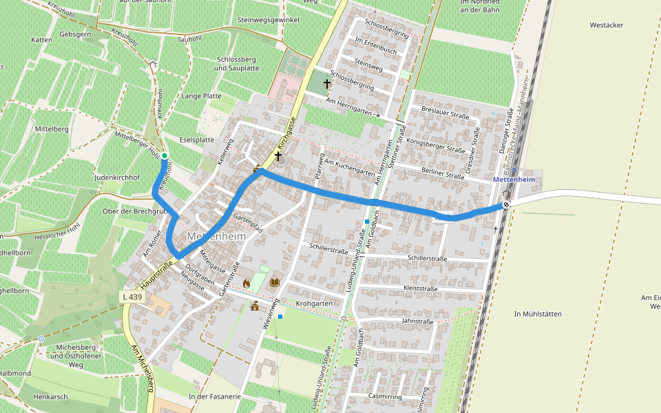 Rheinterrassenweg Zuweg Bahnhof Mettenheim walking route map in Mettenheim
