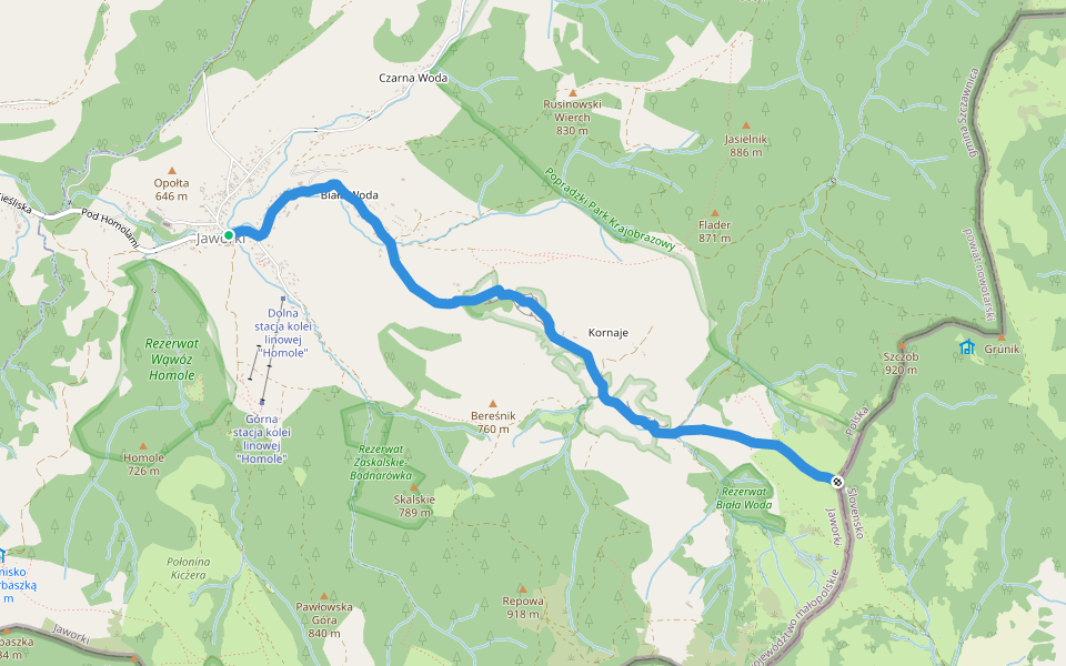 Jaworki – przełęcz Rozdziela walking route map in Jaworki