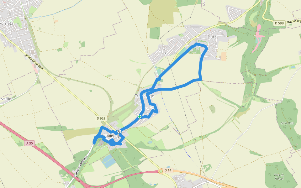 Circuit des Trois Villages walking route map in Tressange