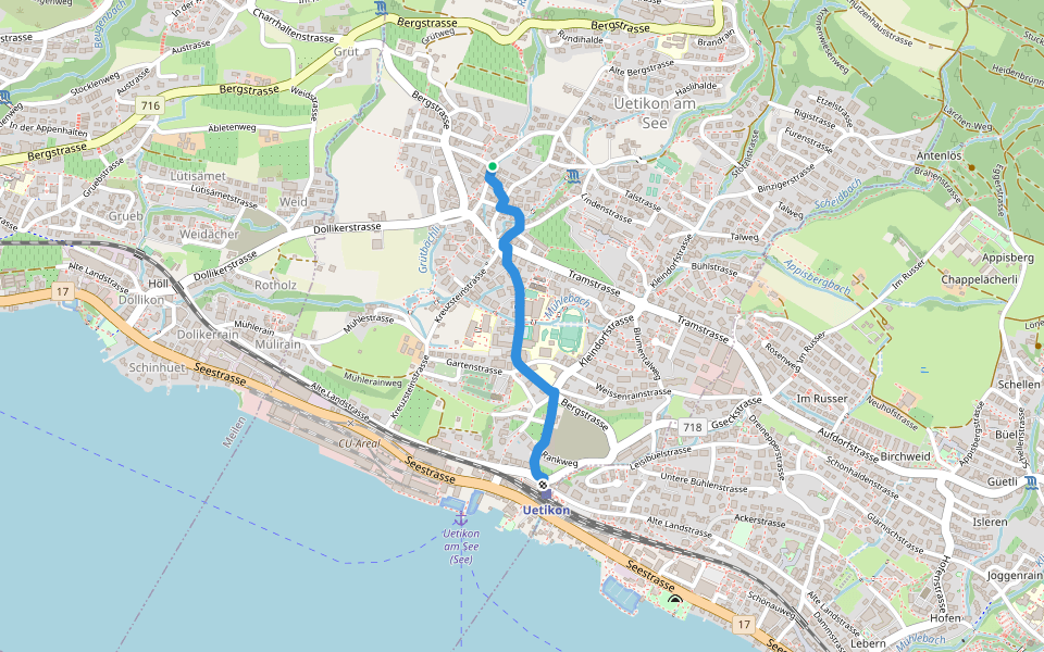Uetikon Grossdorf - Uetikon Bahnhof walking route map in Uetikon am See