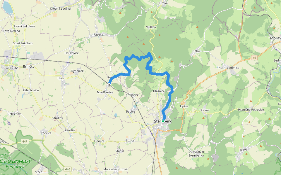 [M] Šternberk (nám.) - Mladějovice (žst.) walking route map in Pňovice