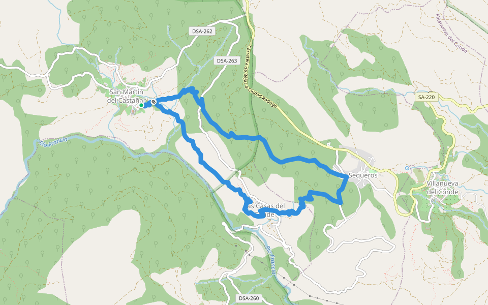 Camino Asentadero-Bosque de los Espejos walking route map in San Martín del Castañar