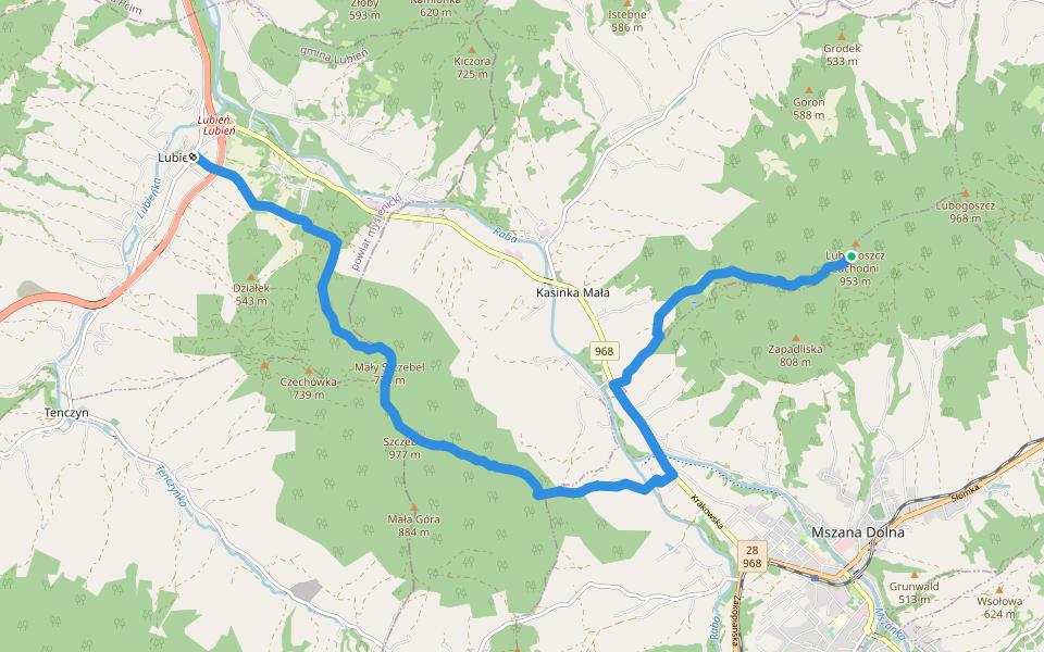 Lubień - Lubogoszcz walking route map in Mszana Dolna