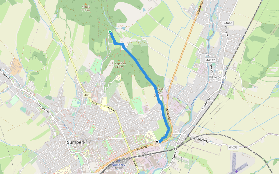 [M] Šumperk (Jesenická, bus) - U Nových Domků walking route map in Rapotín