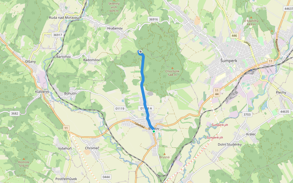 [Č] U kostelíčka - Bludov (zám.,BUS) walking route map in Bludov