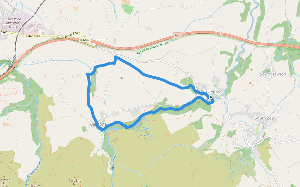 Sticklepath to Belstone Circular walking route map in Sticklepath