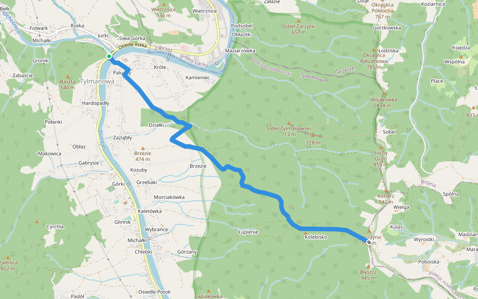 Tylmanowa - Jaworzynka walking route map in Tylmanowa