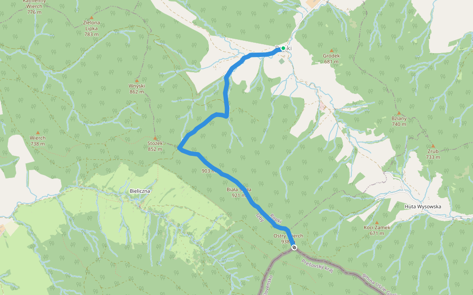 Ropki - Ostry Wierch walking route map in Ropki