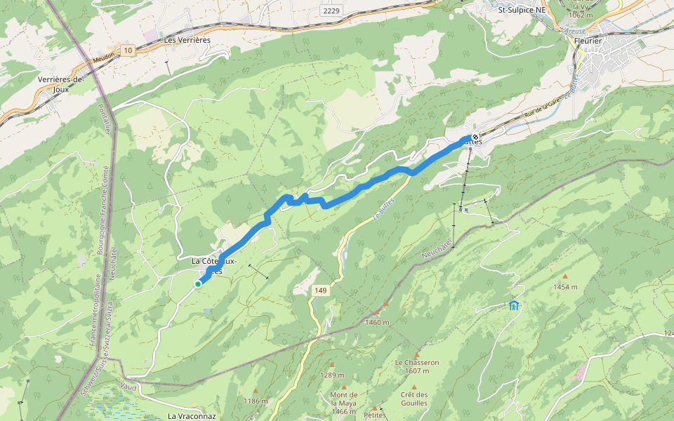 La Côte-aux-Fées - Buttes walking route map in La Côte-aux-Fées