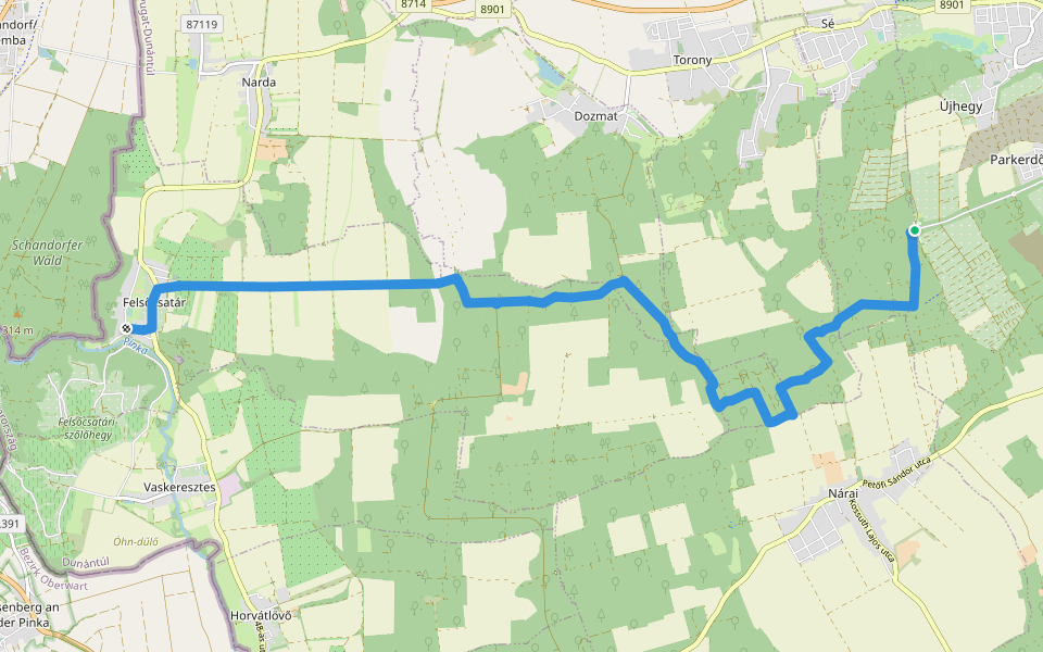 Z+ (Szombathely, parkerdő – Torony – Ondód – Felsőcsatár) walking route map in Szombathely