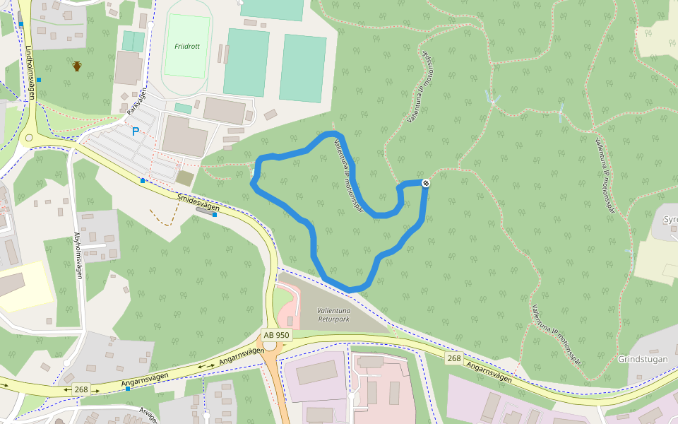 Vallentuna IP 0.9km blå/vit walking route map in Vallentuna
