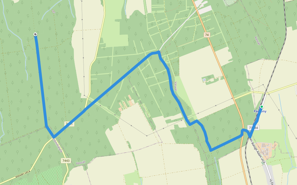 P+ (Rumi erdészház – Vasvári római sánc – Pácsony vá.) walking route map in Magyarország
