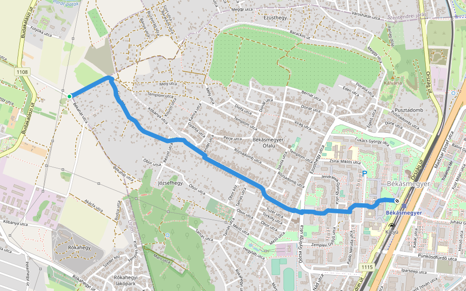P+ (Puszta-hegy, Budapest határa – Kőbánya utca – Pince köz, aut. vá.) walking route map in Budapest
